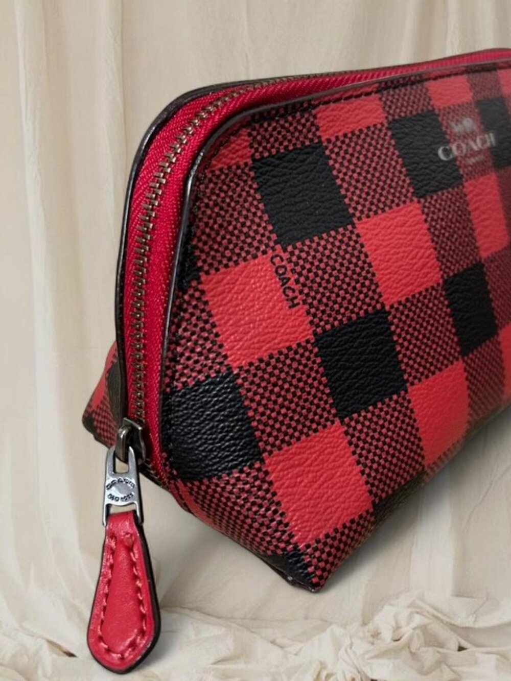 Authentic Coach Monogram Plaid Red & Black Logo Mini Zipper Bag 🍸 - Picture 2 of 7